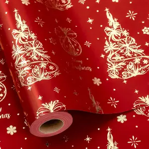 Red Christmas Wrapping Paper,  Christmas Trees  Wrap,  Trees Bells Snowflakes Red  Wrapping Paper for  Packaging, Festive Decoration (Mini Roll, 17 Inch X 33 )