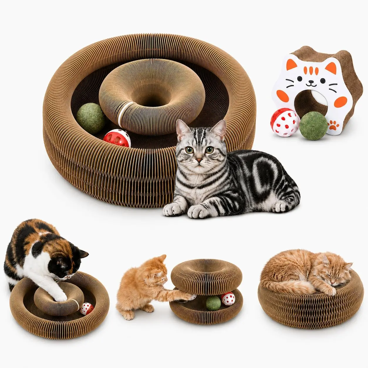 Upgraded Extra Large Foldable Cat Scratcher, Reversible Accordion Cat Toy with Bell Ball & Catnip Ball, Durable Cardboard Scratching Board for Indoor Cats & Furniture Protector
