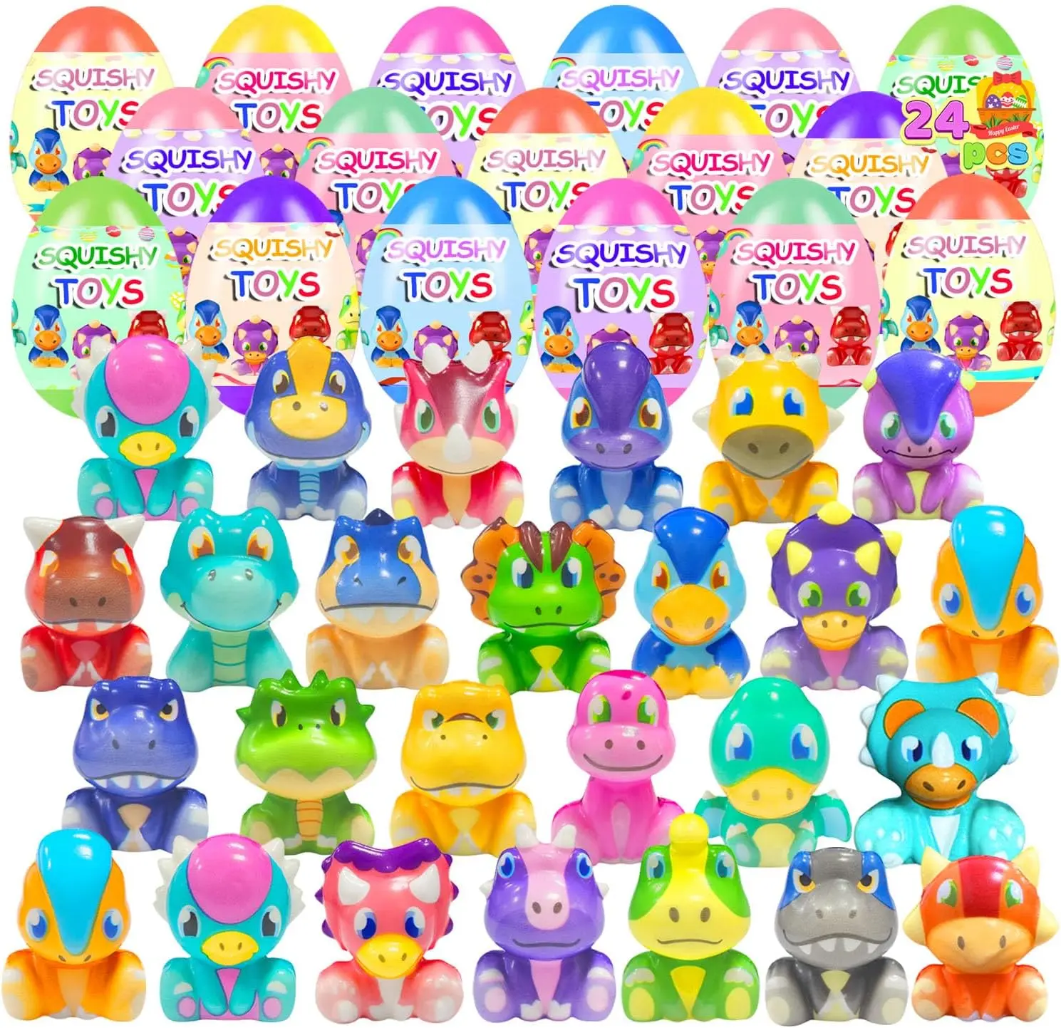 Mothers Day Gift 24 Pack Prefilled Easter Eggs with Dinosour Squishy Toys Inside Squeeze Toys for Kids Girls Boys Easter Basket Stuffers Egg Fillers Classroom Prizes Party Favors