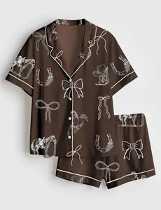 Women's Horse Girl Era Satin Pajama Set Horse Lover Western Cowgirl Silky Short Sleeve Sleepwear Cute Equestrian PJs