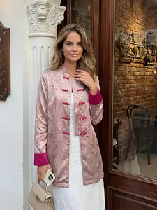 New Traditional Style Stand Collar Printed Button Coat for Women, 2026 Vintage Vacation Beach Wind Color Block Loose Shirt Top