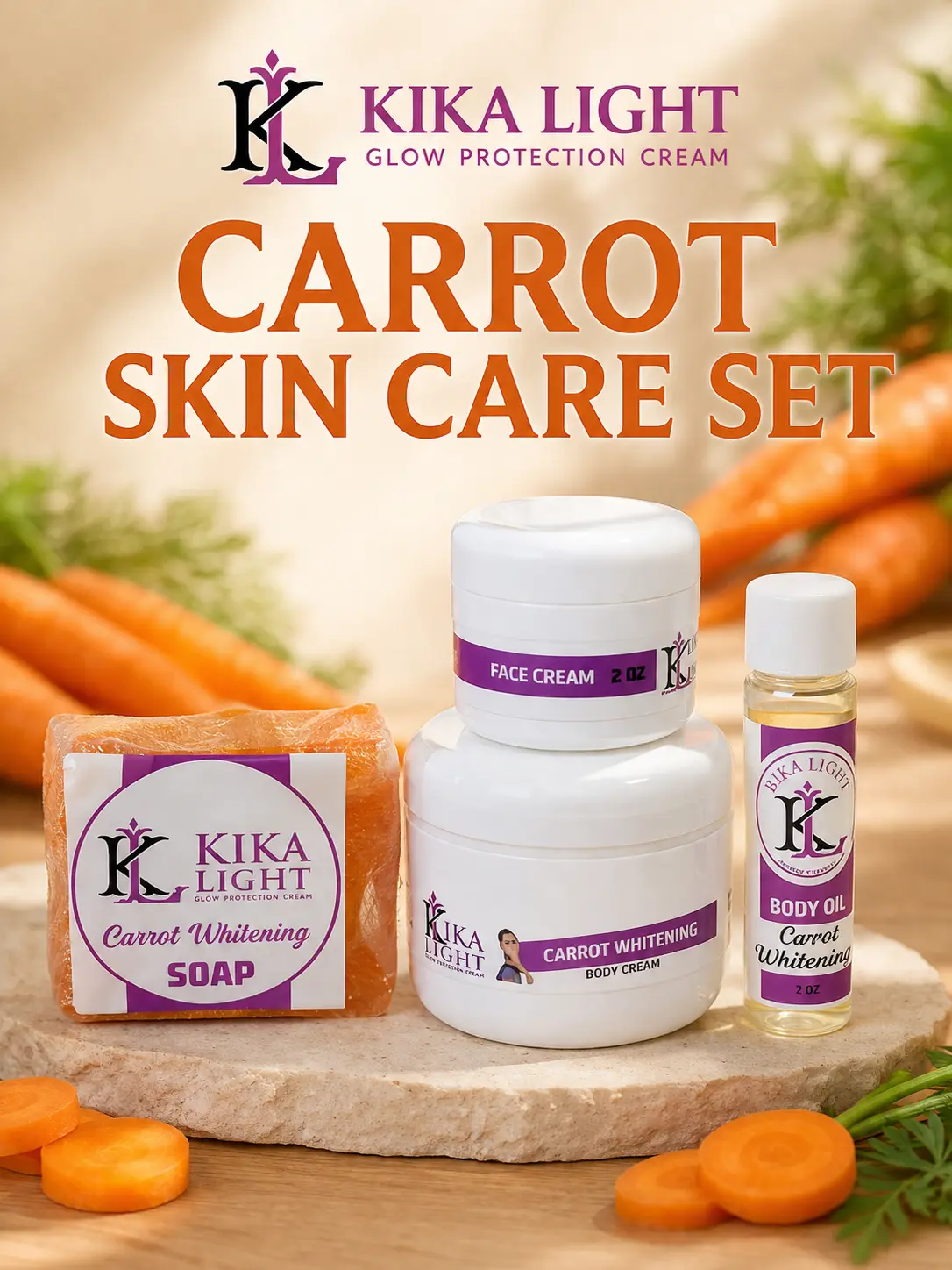 Kikalight Carrot Glowing Mini Skin Care Kit, Daily Lightweight Cleanser & Moisturizer for Hydrating Skin, Cream, Facial, Soap
