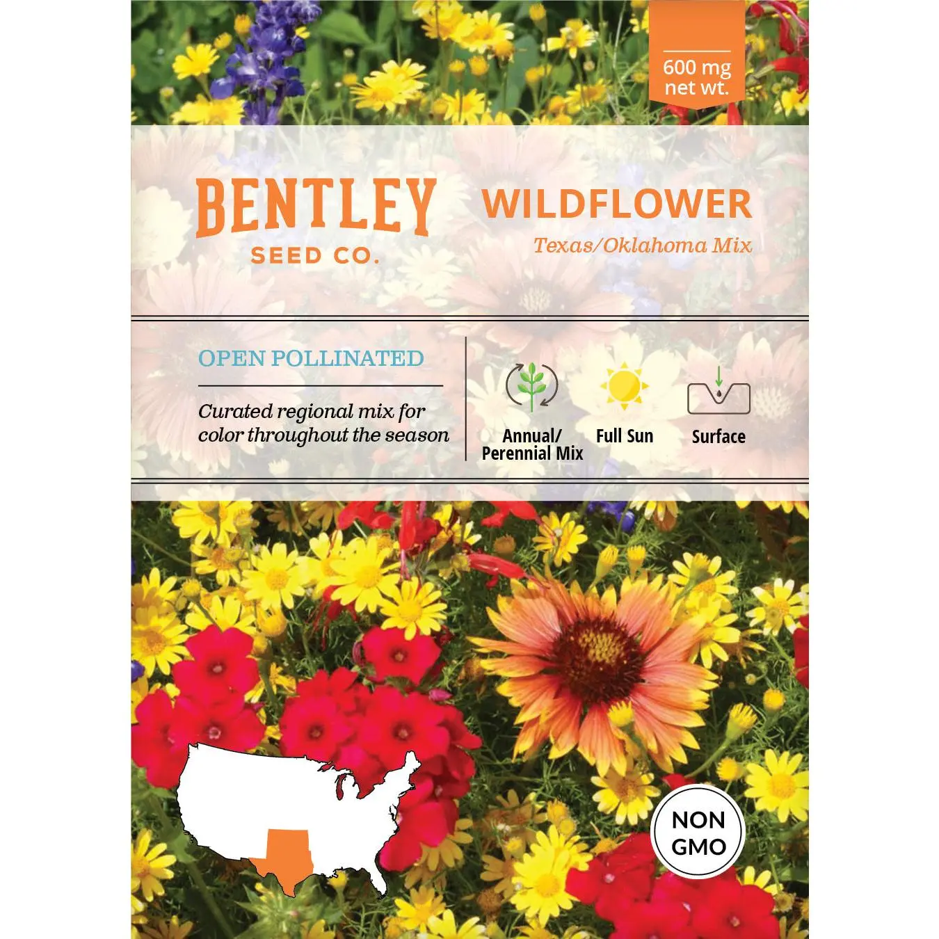 Bulk Wildflower Seed Packets - Texas/Oklahoma Mix Open Pollinated Annual/Perennial Seeds, Full Sun Multicolor Plants, Supports Pollinators, Continuous Color Through the Season, for Outdoor Gardens