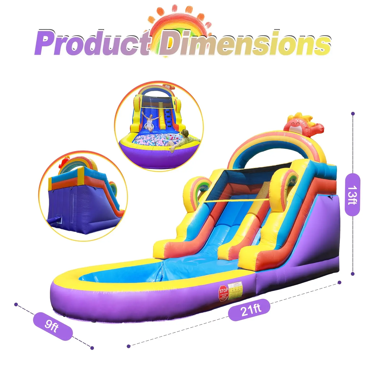 21Ft Inflatable Rainbow Castle, Outdoor Bouncing House With Slide, With Blower, Dry Wet Use, 21 X 9 X 13 Ft