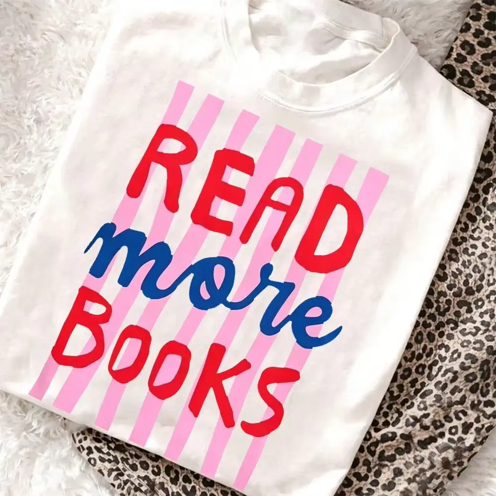 Bookish T Shirt Women Read More Books Graphic Tee Cute Book Lover Gift Top  Librarian Bookworm Tshirt Y2K Striped Casual Loose Drop Shoulder