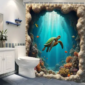 1pc Vibrant Coral Reef & Marine Life Design Sea Turtle Underwater Shower Curtain Green Sea Turtle with Sunlight Filtering Ocean Scene Beige Coral Frame Durable Polyester Fabric  Hooks Included