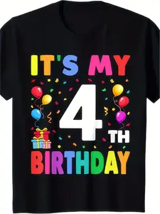 Youngsters, It's My Fourth Birthday, 4pcs Happy Birthday T-shirts for Boys or Girls, Suitable for Boys and Girls Under 12, Best Gift for All Festivals Youngsters boy clothes Graphic Tees Graphic Fashion Tee