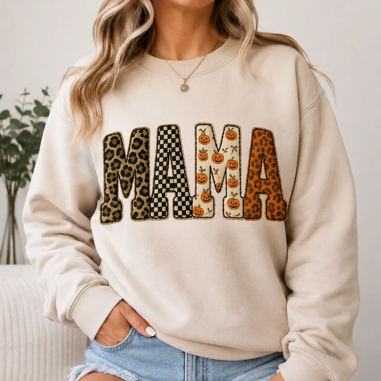 Women's Casual Round Neck Halloween MAMA Graphic Sweatshirt - Patchwork Leopard Checkerboard Pumpkin Crewneck Pullover, Cozy Fall Western Mom Gift Top