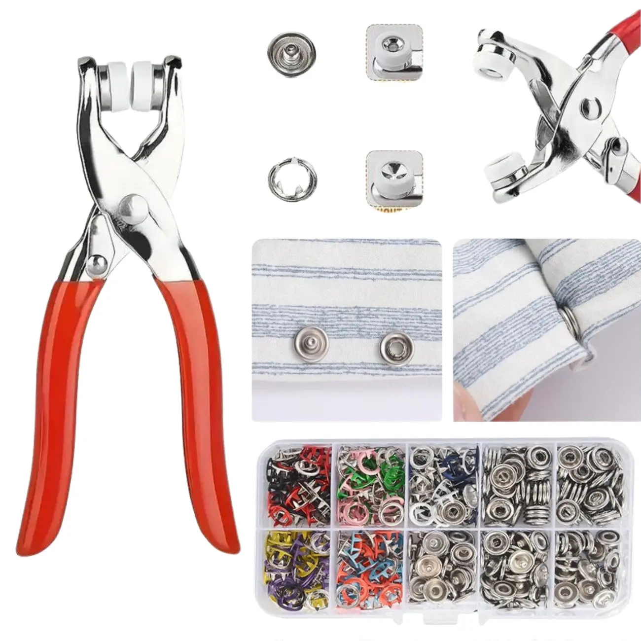 100-Piece Sequin Sparkly Rhinestone Stainless Steel Snaps Kit - Easy-Install Fastener Snap Buttons with Hand Pressure Clamp Tool, Manual Pliers for Beginners & Experienced Tailors’ Easy DIY Buckle Installations
