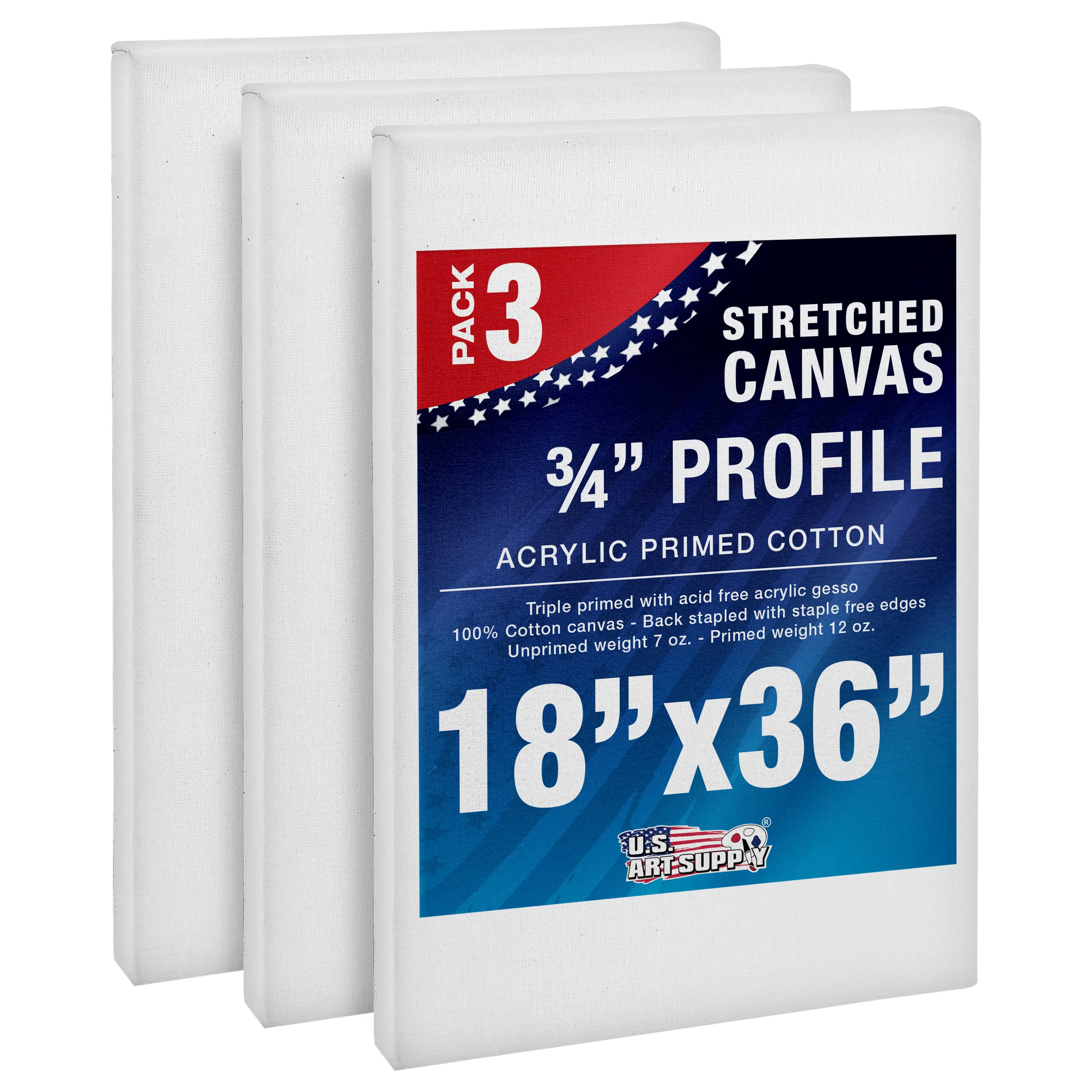 18 x 36 inch Stretched Canvas 12-Ounce Triple Primed, 3-Pack - Professional Artist Quality White Blank 3/4" Profile, 100% Cotton, Heavy-Weight Gesso