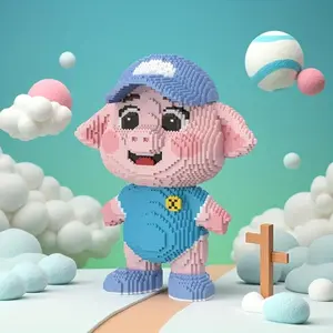 Blue Suspenders Pig 3D Puzzle Building Block Decoration, Home Office Bookshelf Decor, Party Living Room TV Stand Display, Crafts