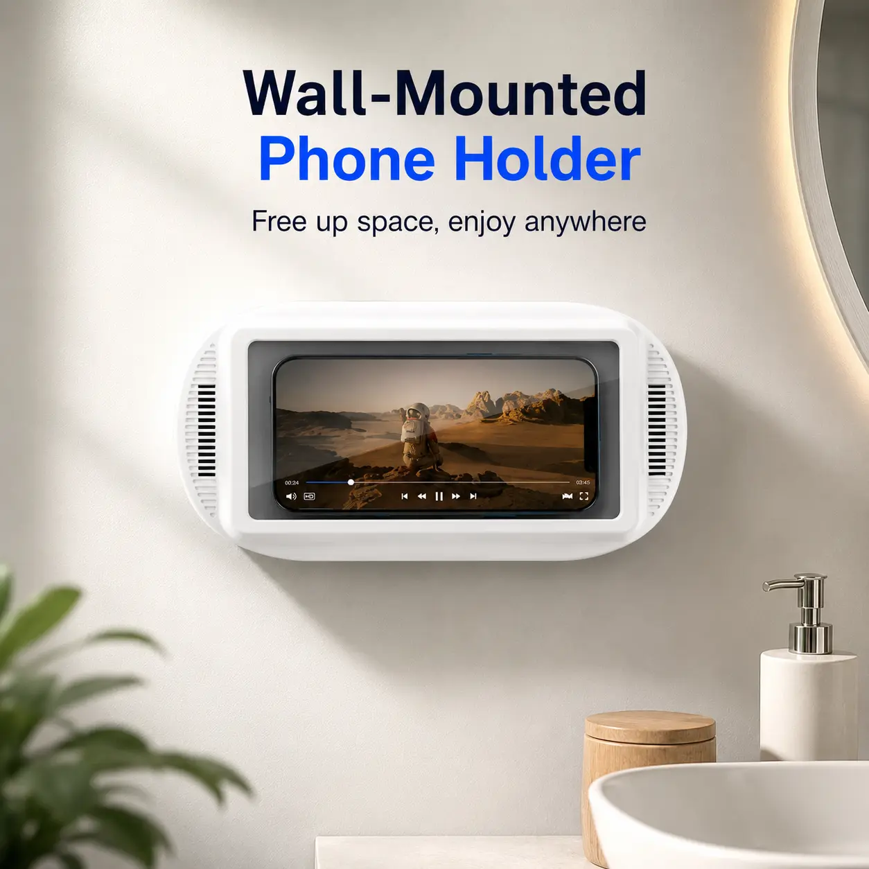 Wall-Mounted Adjustable Waterproof Mobile Phone Holder Stand - 360° Rotatable, Adhesive No-Drill Installation, Anti-Fog Case, Full HD Touchscreen, Hands-Free Home Organizer Accessory for Bathing, Movie Watching (Home Supplies, Accessories)