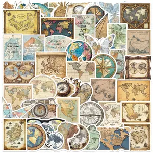 50 Vintage Cartoon Map Stickers, DIY Versatile Decoration Waterproof Decorations for Guitar Notebooks Luggage, Flat Style, No Ca Prop 65 Warning