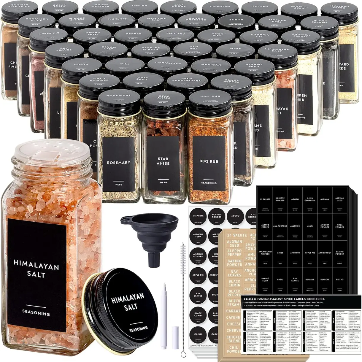 24 Pack Spice Jars with 455 Black Vinyl Spice Labels,4oz  Shaker Lids Dispenser with Airtight Black Metal Caps, Cleaning Brush and Collapsible Silicone Funnel Complete Set grinder pepper