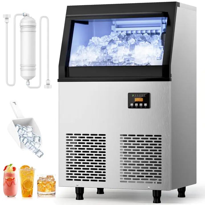 Coolski Commercial Ice Machine,200LBS/Day Stainless Steel Freestanding Ice Maker