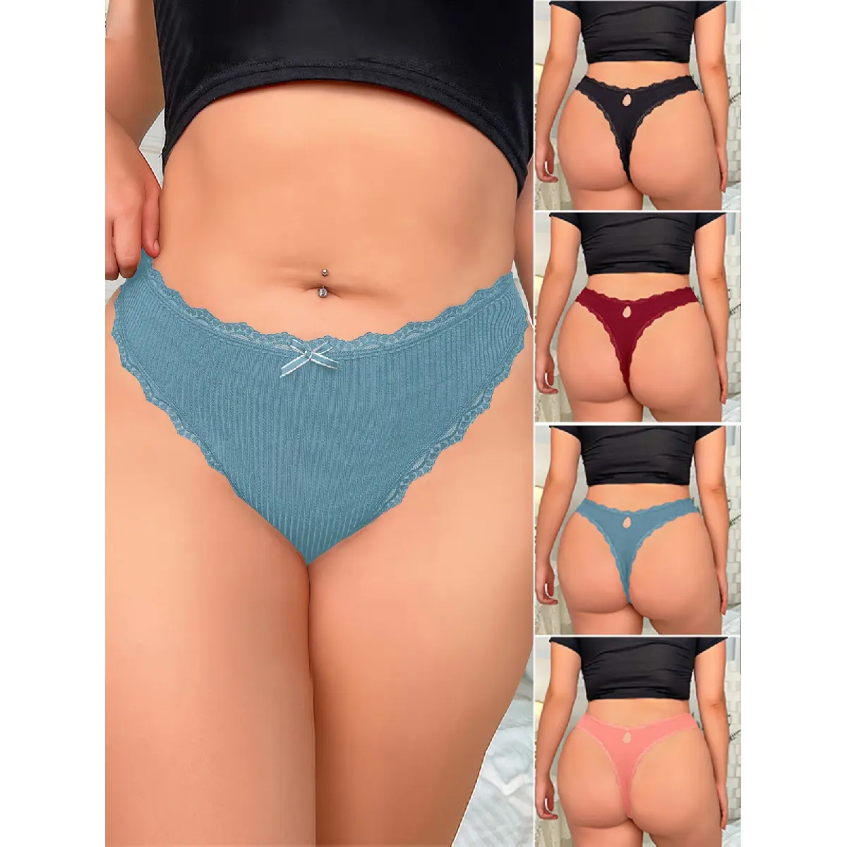 QUASTI 4 Packs Plus Size Ladies Thongs Briefs,  Mid-Rise Sexy Lace Lingerie Design, Ladies Thongs Decorative Bow Detail,  Elegant Thongs for Women's Valentine's Gifts