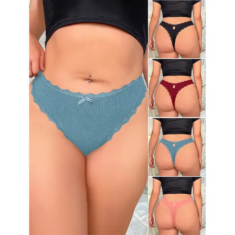 QUASTI 4 Packs Plus Size Ladies Thongs Briefs, Mid Rise Sexy Lace Lingerie Design, Ladies Thongs Decorative Bow Detail, Elegant Thongs for Women's Valentine's Gifts