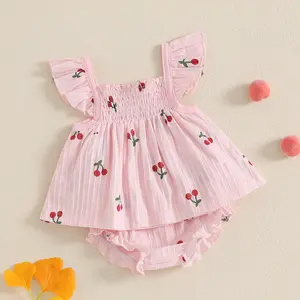 Toddler Baby Girl Shorts Set 3 6 12 18 24 Months Cherry Print Smocked Fly Sleeve Babydoll Tops Elastic Waist Ruffle Shorts 2 Piece Summer Out