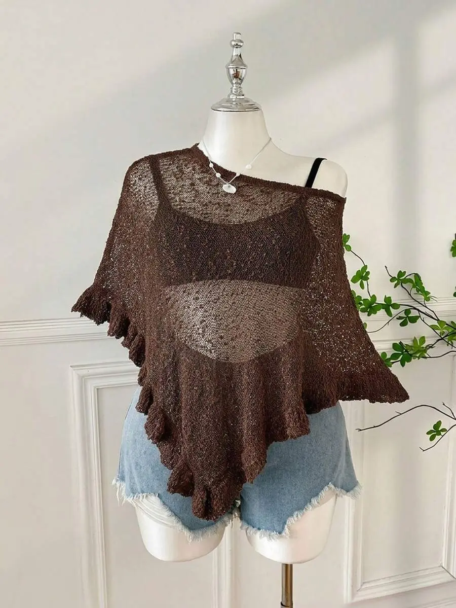 Plus Size Women's Casual Crochet Poncho, Coffee Brown, Ruffled Hem, Semi-Sheer, Suitable For Outings And Dates - Back to School