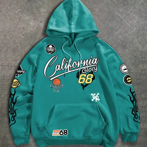 Men's Casual Drawstring Hooded Pullover Hoodie Tops - Soft Longsleeves Polyester Edit Fabric, Loose Fit with Kangaroo Pocket, Adjustable Drawcord, Bold Letter & California Glory 68 Graphic Print Sweatshirt for Streetwear All-Day Wear