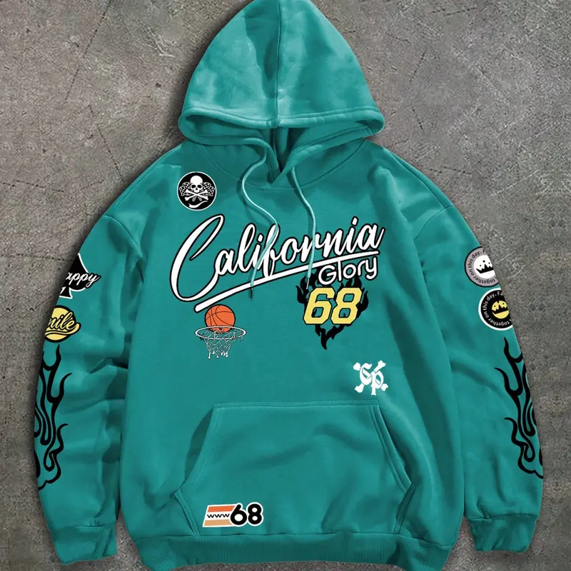 Men's Casual Drawstring Hooded Pullover Hoodie Tops - Soft Longsleeves Polyester Edit Fabric, Loose Fit with Kangaroo Pocket, Adjustable Drawcord, Bold Letter & California Glory 68 Graphic Print Sweatshirt for Streetwear All-Day Wear