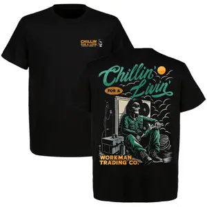 CHILLIN FOR A LIVIN Skeleton HVAC Repairman T-Shirt Funny Air Conditioning Technician Humor Tradesman Graphic Tee Black