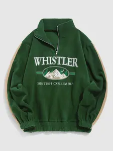 Men's Fall Winter Casual Fleece Pullover, Colorblock Mountain Embroidery Design, Thick Warm Fabric, Long Sleeve Half Zipper Style, Casual Streetwear Looks
