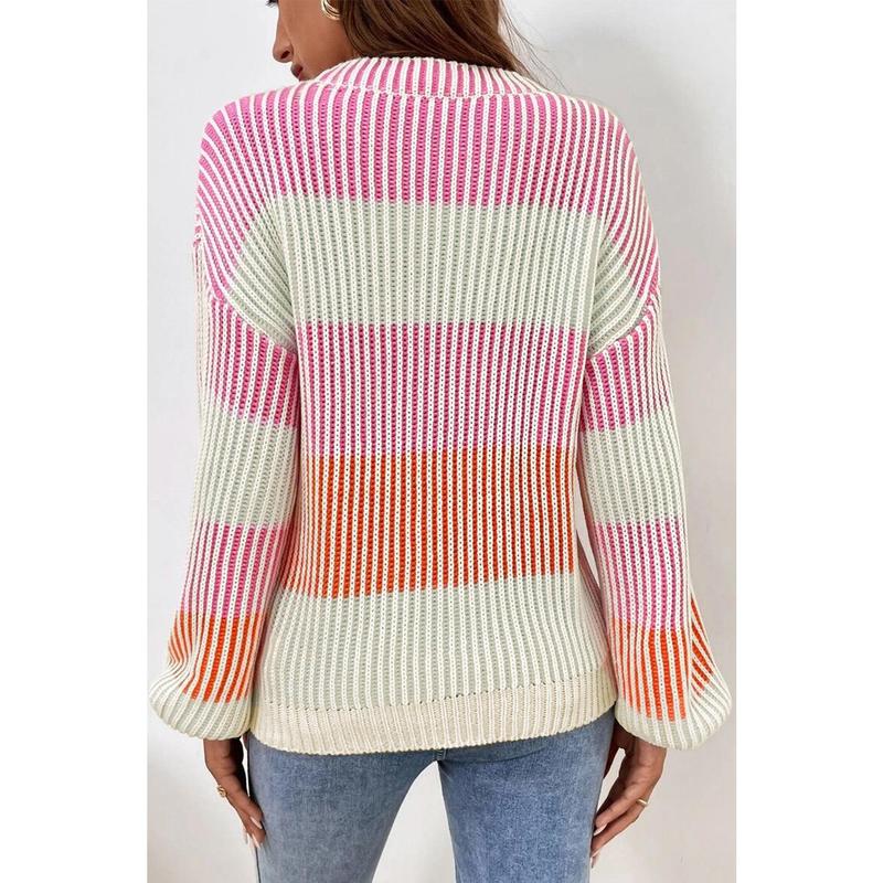 Pink Colorblock Textured Knit Bubble Sleeve Sweater