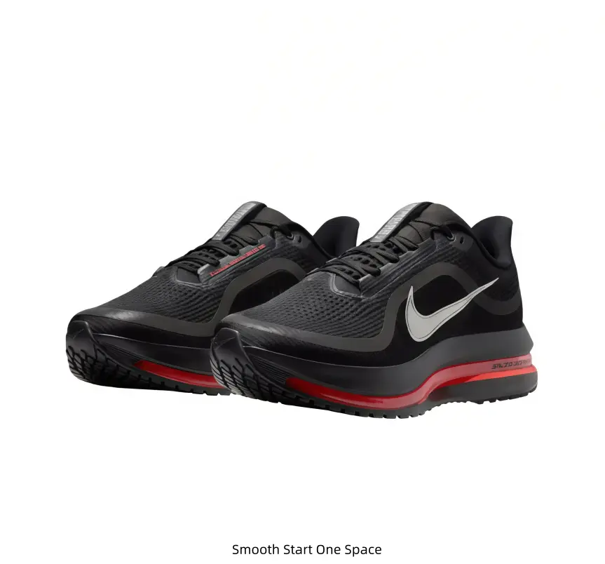 Sleek black running shoe with silver Swoosh and bold red midsole accents, breathable mesh upper and responsive cushioning for smooth daily runs. #runningshoes #sneakerhead