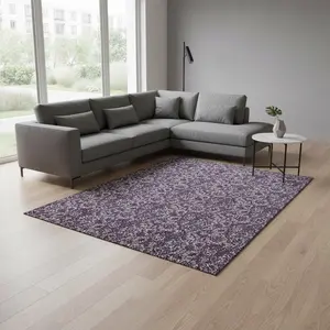 HomeRoots 655053 9x12 ft. Eggplant & Gray Floral Transitional Full-Sized Area Rug, Machine-Washable, Toddler-Proof, UV-Protected, Machine-Made Rectangle Rug, Full-Sized Area Rugs, Machine-Washable Area Rugs