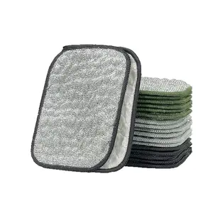 Steel Wire Dishwashing Cloth - Double-Layer Thick Silver Fiber Cotton Sponge, Oil-Absorbing Scrubbing Cloth, Kitchen Dishwashing Brush