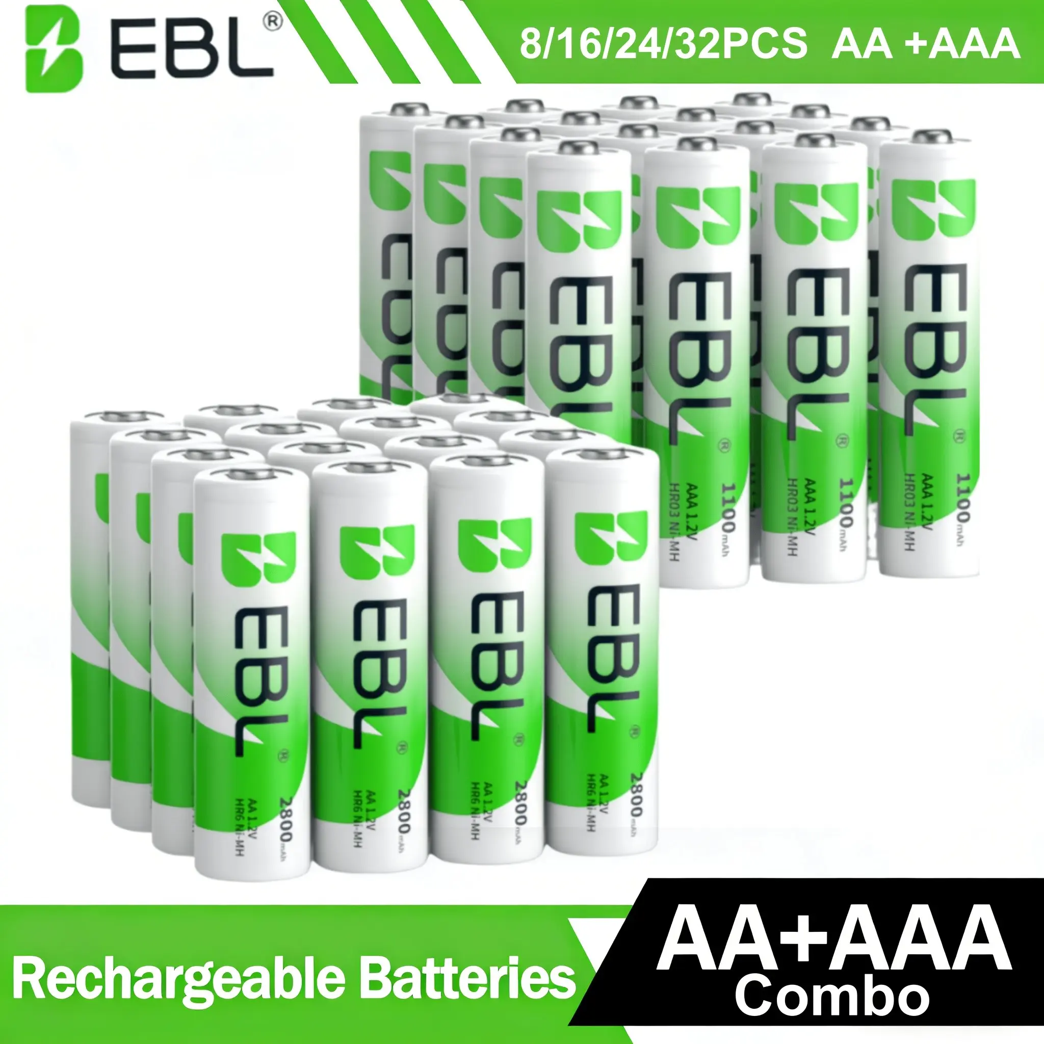 EBL 4AA+4AAA/ 8AA+8AAA/ 12AA+12AAA/ 16AA+16AAA Combo Pack High Capacity Precharged Ni-MH Rechargeable Batteries AA 2800mAh+AAA 1100mAh NiMH Rechargeable Batteries, 1.2V, Up to 1200 Rechargeable Cycles Ideal for Cameras, Decorations, Flashlights