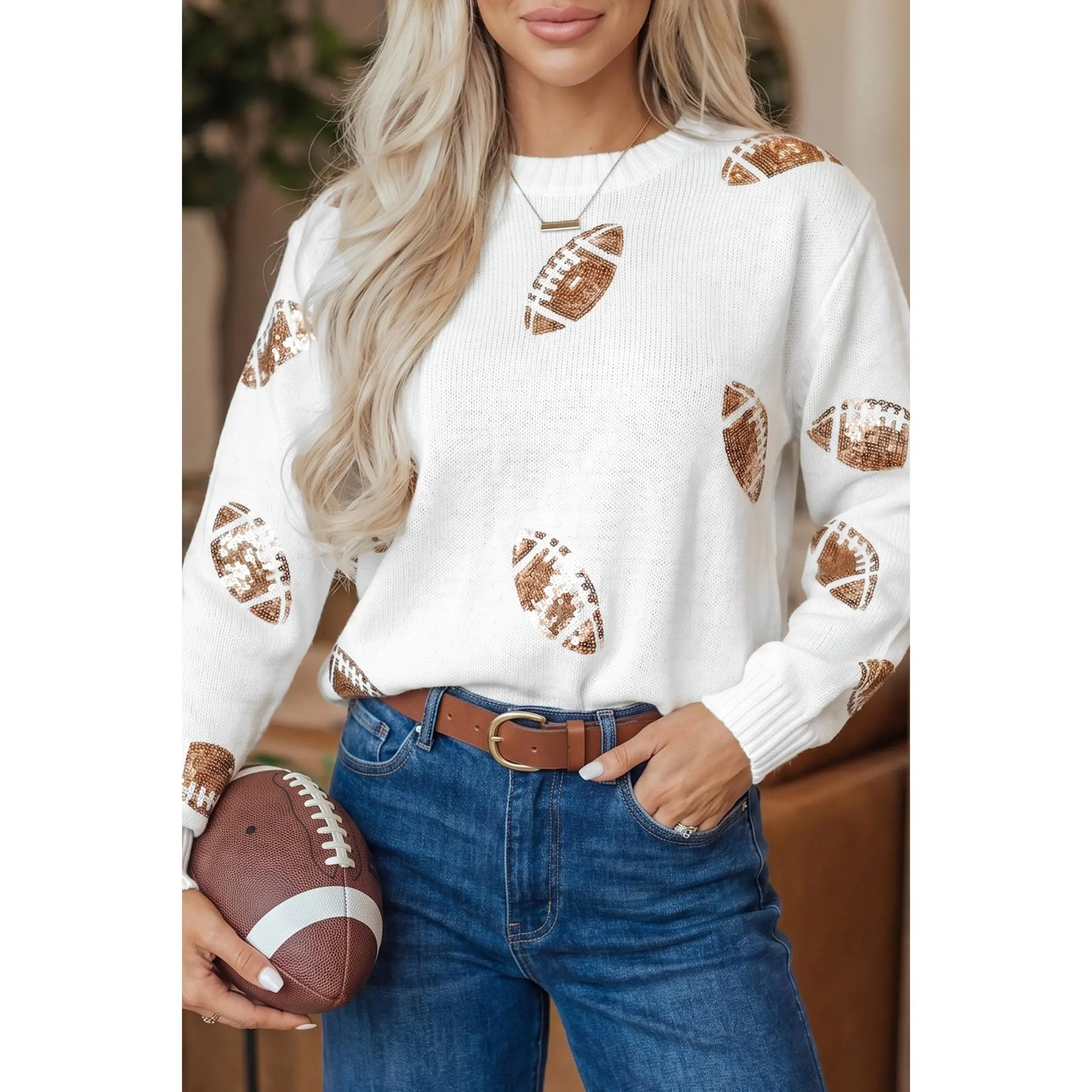 Beige Sequin Football Print Round Neck Long Sleeve Loose Fit Sweater