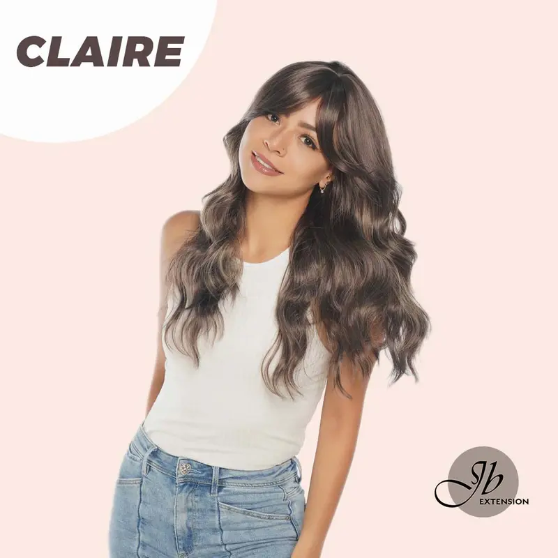 JBEXTENSION 22 Inches Brown With Highlight Women Wig With Bangs CLAIRE