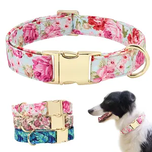 Personalized Floral Dog Collar with Engraving, Adjustable ID Tag for Small Medium Large Dogs, Custom Pet Accessories, Nylon Material