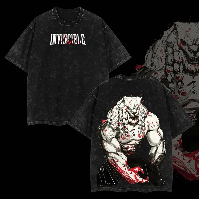 Women's Superstyle Limited Edition Battle Beast Invincible Comic Oversized Acid Washed Shortleeve Vintage Top, Breathable Lightweight Cotton Tee, Double-Sided Graphic Print Casual Streetwear, Urban Comic Fan Gym Pump Cover