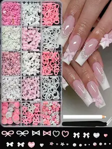 15 Grid Nail Art Charms Set, Nail Accessories, 3D Pearls & Bows with Resin Hearts, Flowers for DIY Nail Decoration, Perfect for Manicure Design Ideas, Bow Accents, Butterfly Nails