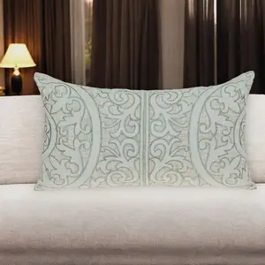 HomeRoots 529263 Bar-Shaped Lumbar Throw Pillow, 14x24 in., Beige & Green Linen, with Embroidery, Bar-Shaped Lumbar Pillows
