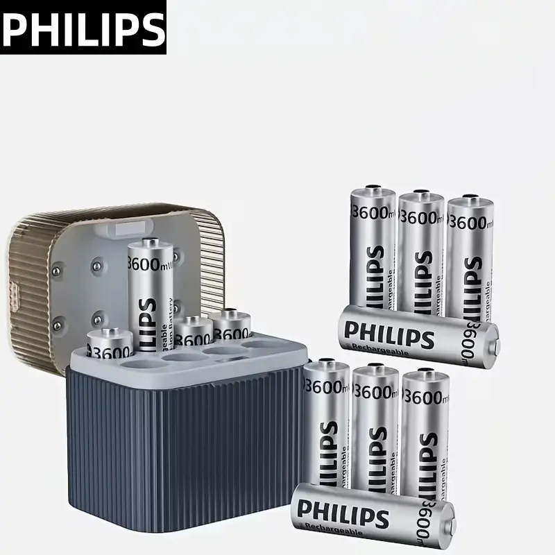 PHILIPS 8-Pack AA 3600mWh Rechargeable Lithium Batteries with Charger, 3600mWh High Capacity 1.5V AA Batteries, Long-Lasting Rechargeable AA Lithium-Ion Batteries with Integrated Charging Storage Box