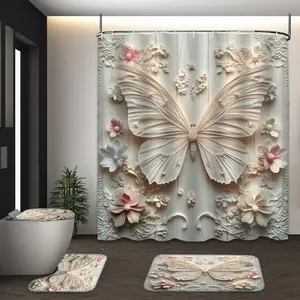 LVRLVR 4Pcs 3D Embossed Butterfly Flower Print Elegant Romantic Beige Shower Curtain Set 70.8×70.8 Inch