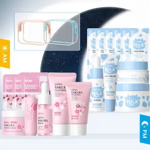 Day & Night Skincare Travel Kit - LAIKOU 14Pcs Sakura & Milk Complete Daily Face Routine for Beginners &  Teens - Daytime Brightening & Nighttime Repairing Bundle with 2 Waterproof Bags