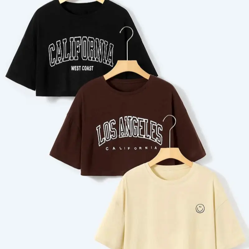 Women's Printed Drop Shoulder Crop Graphic Tee, Summer Clothes Women Casual Short Sleeve Round Neck T-Shirt for Summer, Ladies Clothes for Daily Wear, Women's Clothing, Streetwear, Top