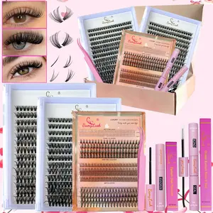 3 boxed with 30P 40P mixed spike bottom Natural Cluster Eyelash Kit with Bond Seal Remover Applicator lash brushes,Natural DIY individual cluster lash extension,perfect for home lash diy eyelash extension for everyday use