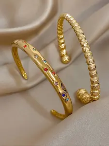 2pcs Gold Plated Open Cuff Bracelet Set, Adjustable Textured Beaded & Colorful Zircon Inlaid Stackable Bangles, Trendy Bangles, Modern Fashion Accessories for Daily Wear, Party Jewelry, Gift