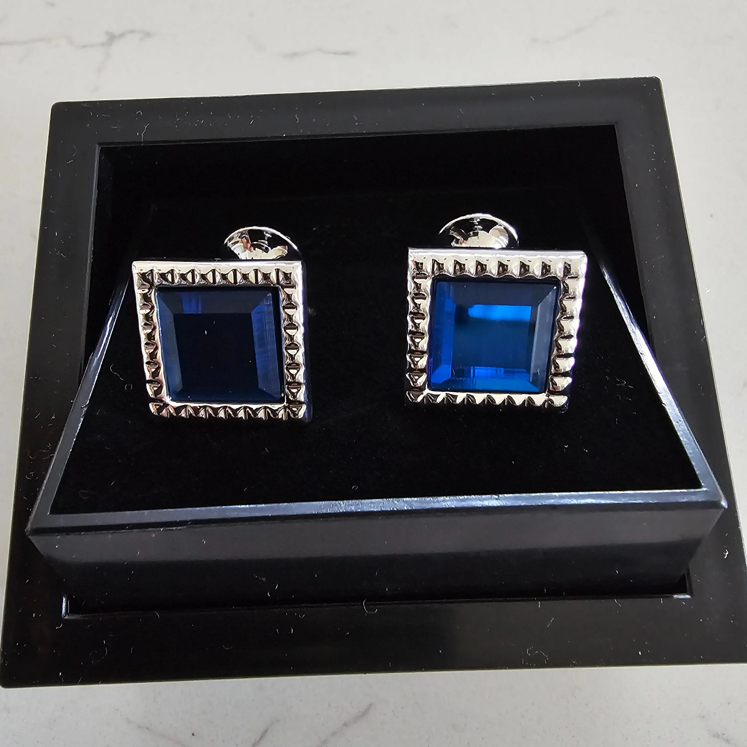 Square Sapphire Cufflinks, Silver Mens Cuff Links, Emerald Cut Blue Stone, Textured Geometric Suit Accessories, Groomsmen Gift Box Set