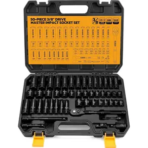 Swiilpo 3/8'' Drive Impact Socket Set - 50-Piece Shallow & Deep Socket Set Metric and Standard Full with Universal Joint, Extension Bar, 1/2 to 3/8 Reducer, Hex Shank Socket Adapter, Ratchet HandleQuesear