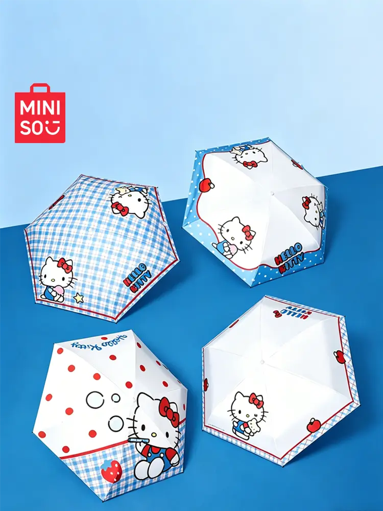 [back to school]MINISO Hello Kitty Pocket Series Sun Protection Umbrella, Cute Mini Portable 5-Fold Dual-Use Umbrella, UPF50+ Anti-UV Black Coating Shade Parasol, Lightweight Compact Travel Rain Sun Umbrella for Girls Daily Outdoor Commute#Summervibes