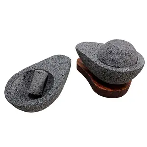 Avocado Molcajete 4" Volcanic Stone, 4 in 1 with Wooden Base