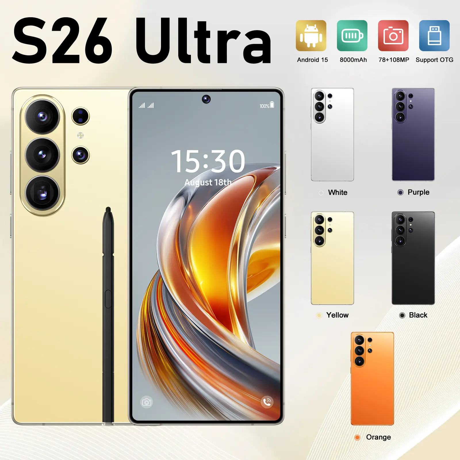 2026 S26 Ultra 5G Smartphone: 12GB+512GB, Android 15, 8000mAh Large Battery, 78MP+108MP HD Camera, 6.99" Display, Built-in Stylus, Unlocked with Case
