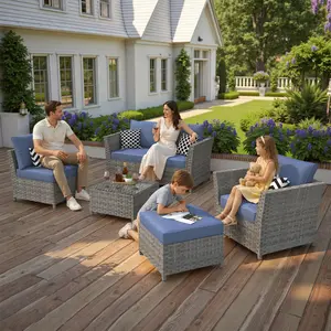 【Summer Vibes】OVIOS 6-Piece Outdoor Patio Furniture Set, Grey PE Wicker Sectional Sofa with Glass Coffee Table, Cushioned Seating for Garden Poolside Backyard Patio, No Assembly Required